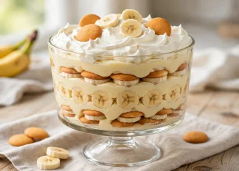 Classic banana pudding in a glass trifle dish with vanilla wafers and banana slices