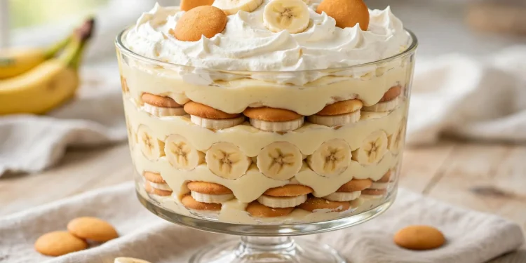 Classic banana pudding in a glass trifle dish with vanilla wafers and banana slices
