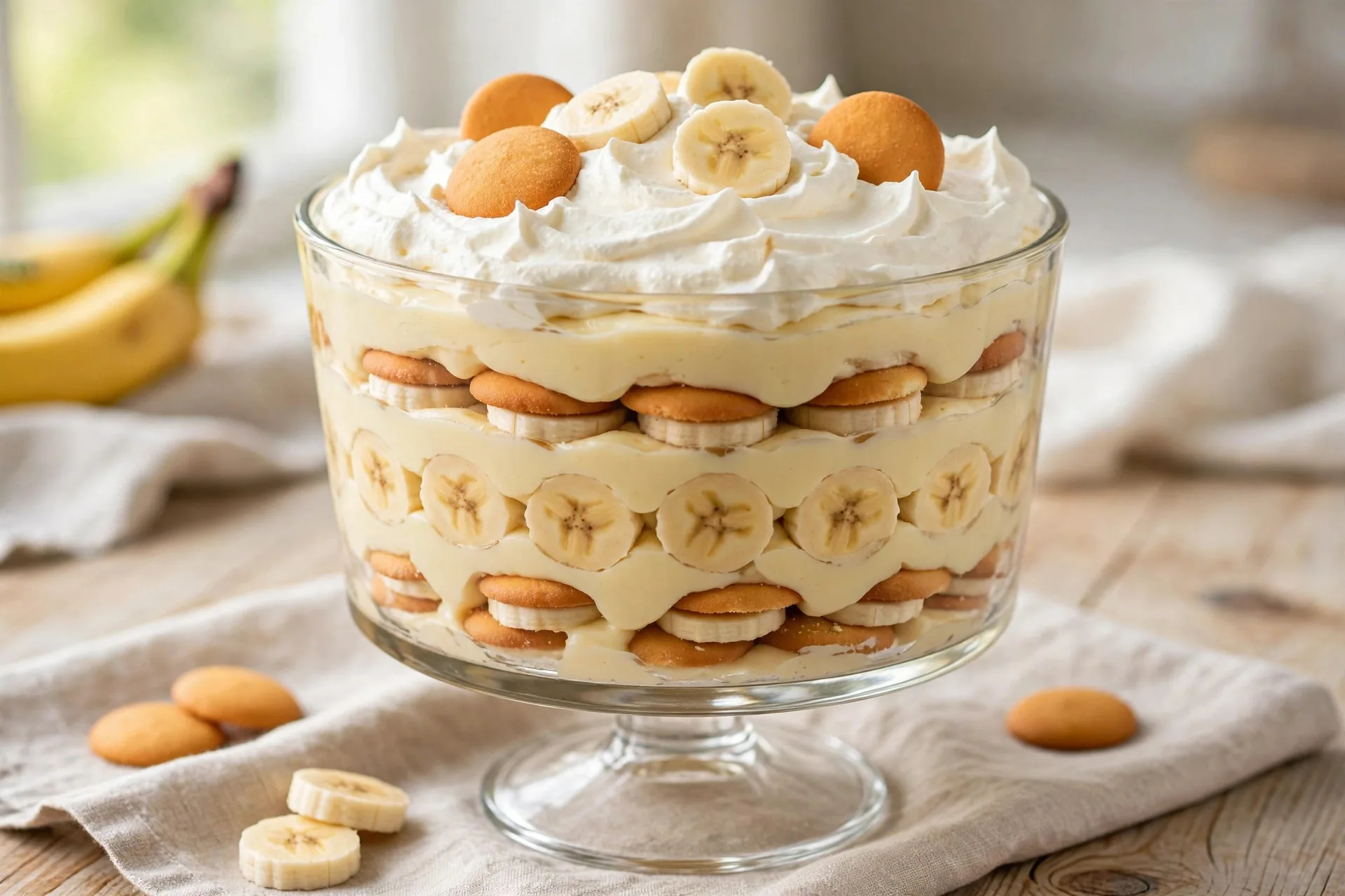 Classic banana pudding in a glass trifle dish with vanilla wafers and banana slices