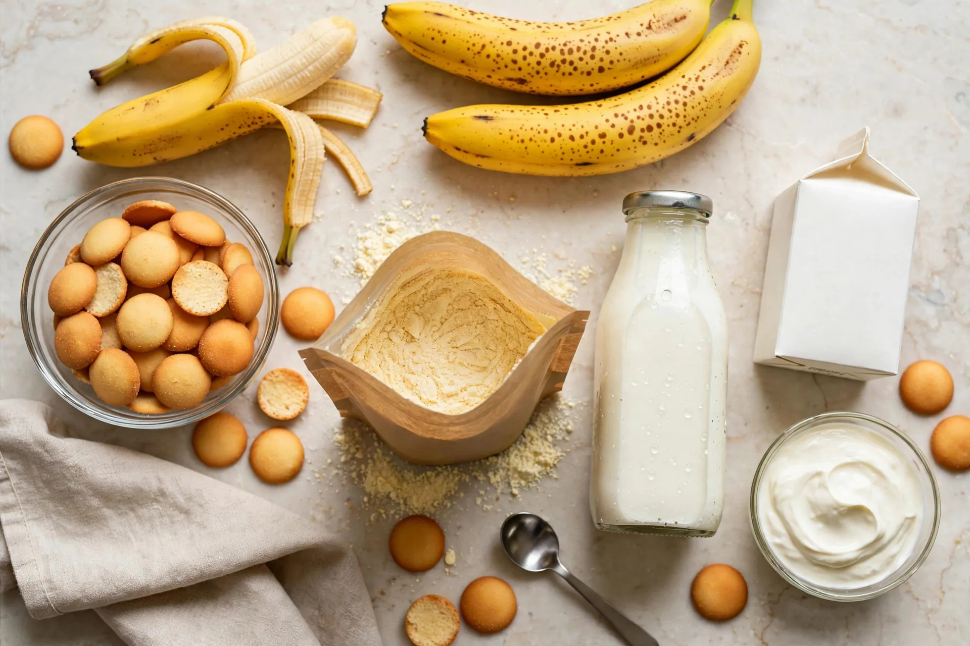 Ingredients for banana pudding: bananas, vanilla wafers, pudding mix, milk, and cream