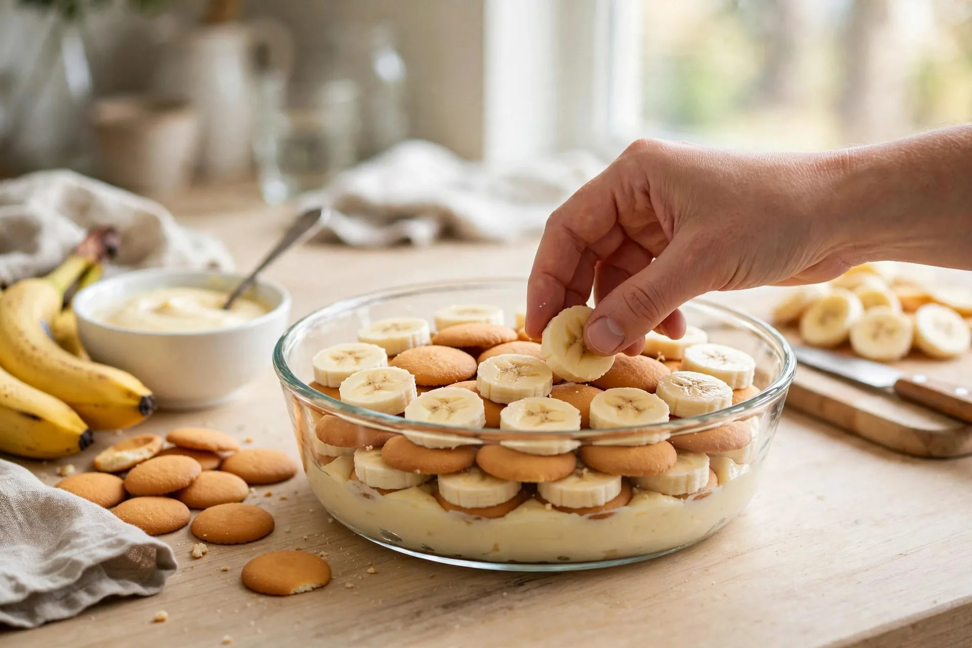 Layering vanilla wafers, banana slices and vanilla pudding in a glass dish
