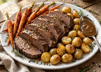 Sliced tender beef pot roast with carrots and potatoes on a white serving platter