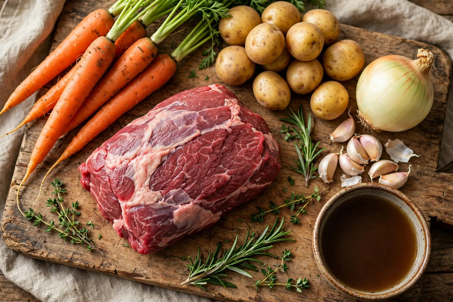 Ingredients for beef pot roast: raw chuck roast, carrots, potatoes, onion, garlic, herbs and beef broth