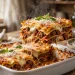 Slice of classic homemade beef lasagna with melted mozzarella and fresh basil in a white baking dish