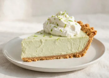 Slice of key lime pie with whipped cream and lime zest