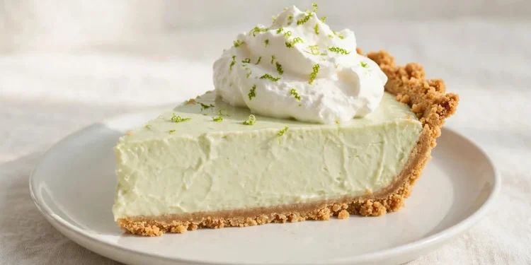 Slice of key lime pie with whipped cream and lime zest