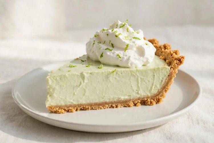 Slice of key lime pie with whipped cream and lime zest