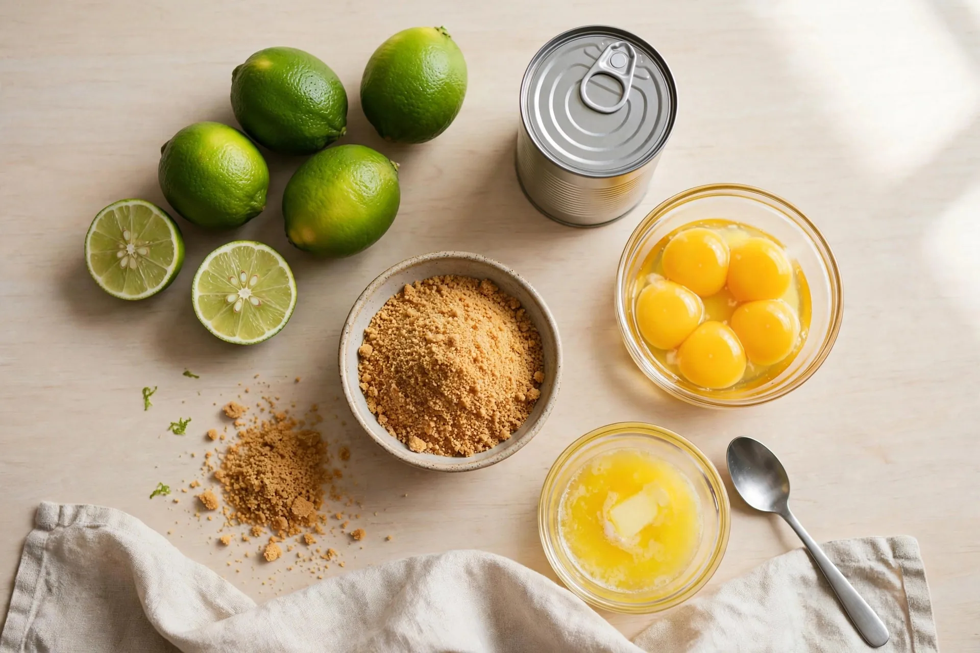 Limes, condensed milk, egg yolks, graham crackers, and butter for key lime pie