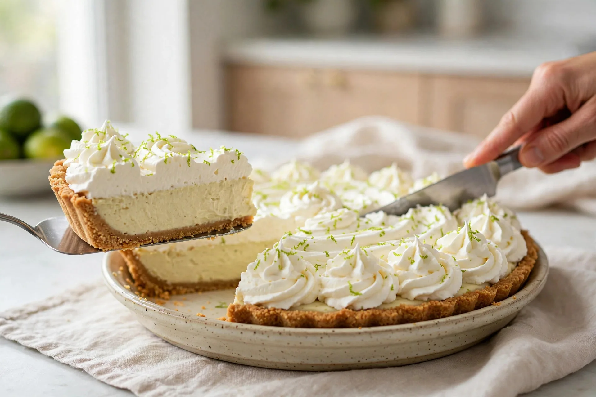 Slicing a whole key lime pie topped with whipped cream