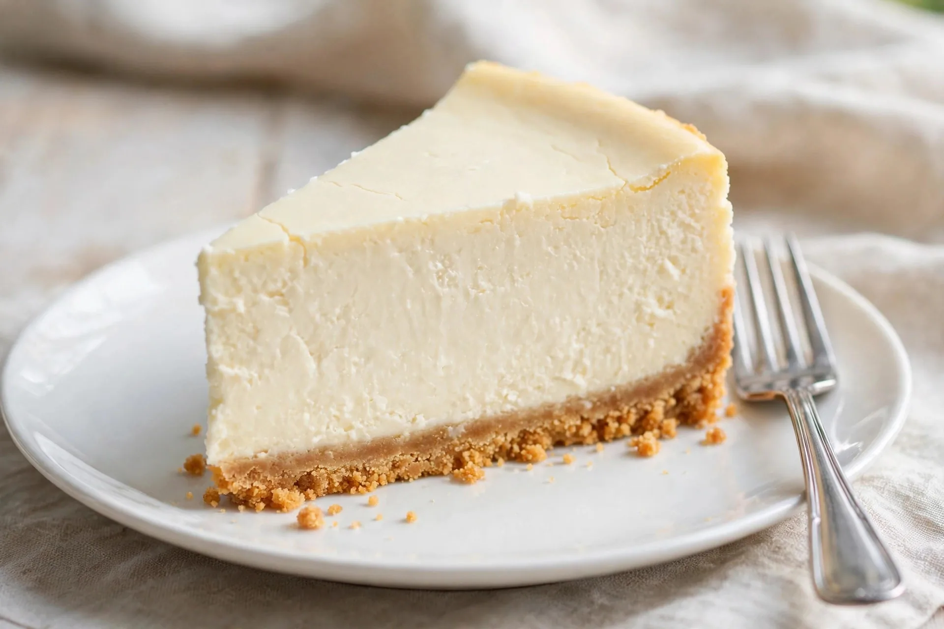 A tall slice of classic New York cheesecake on a white plate