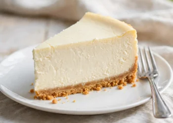 A tall slice of classic New York cheesecake with graham cracker crust on a white plate