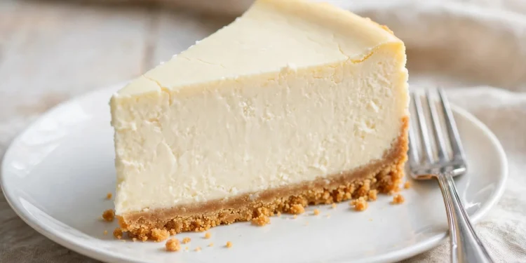 A tall slice of classic New York cheesecake with graham cracker crust on a white plate