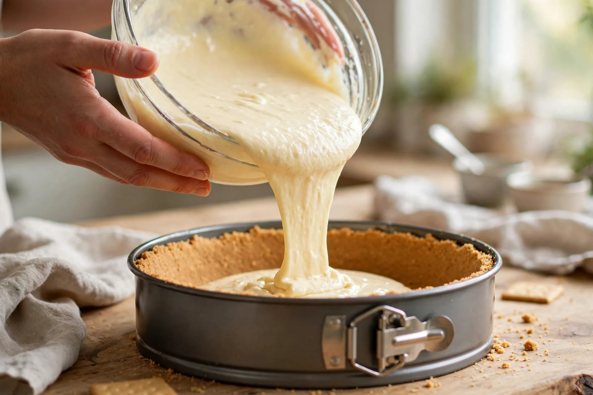 Hands pouring creamy cheesecake batter into a graham cracker crust in a springform pan