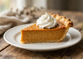 A slice of classic pumpkin pie topped with whipped cream on a white ceramic plate