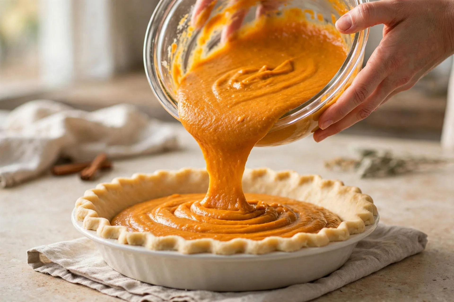 Hands pouring smooth pumpkin filling into an unbaked pie crust