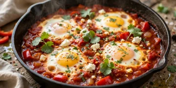 Classic shakshuka with poached eggs in spiced tomato sauce in a cast iron skillet