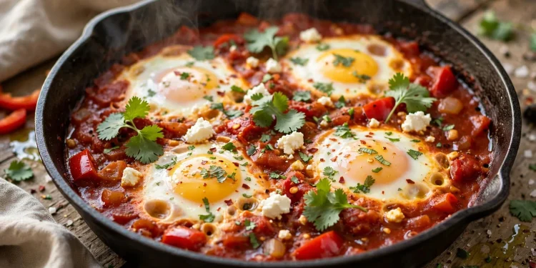 Classic shakshuka with poached eggs in spiced tomato sauce in a cast iron skillet