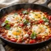 Classic shakshuka with poached eggs in spiced tomato sauce in a cast iron skillet