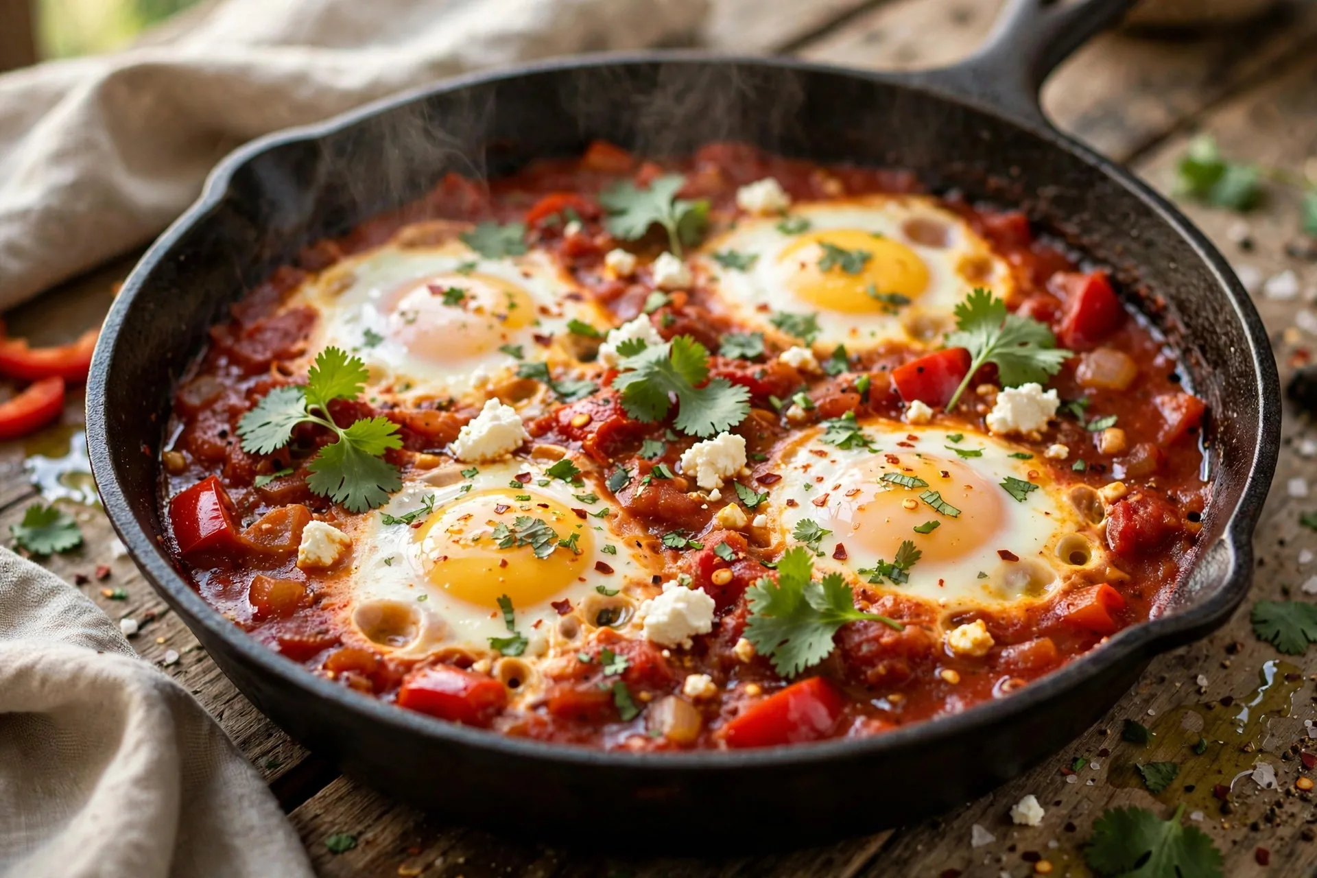 Classic shakshuka with poached eggs in spiced tomato sauce in a cast iron skillet