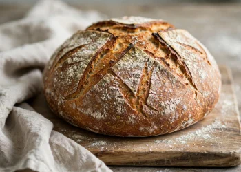 Rustic round sourdough loaf with a deeply scored golden crust cooling on a wooden board