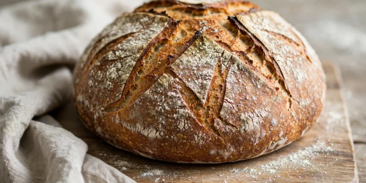 Rustic round sourdough loaf with a deeply scored golden crust cooling on a wooden board