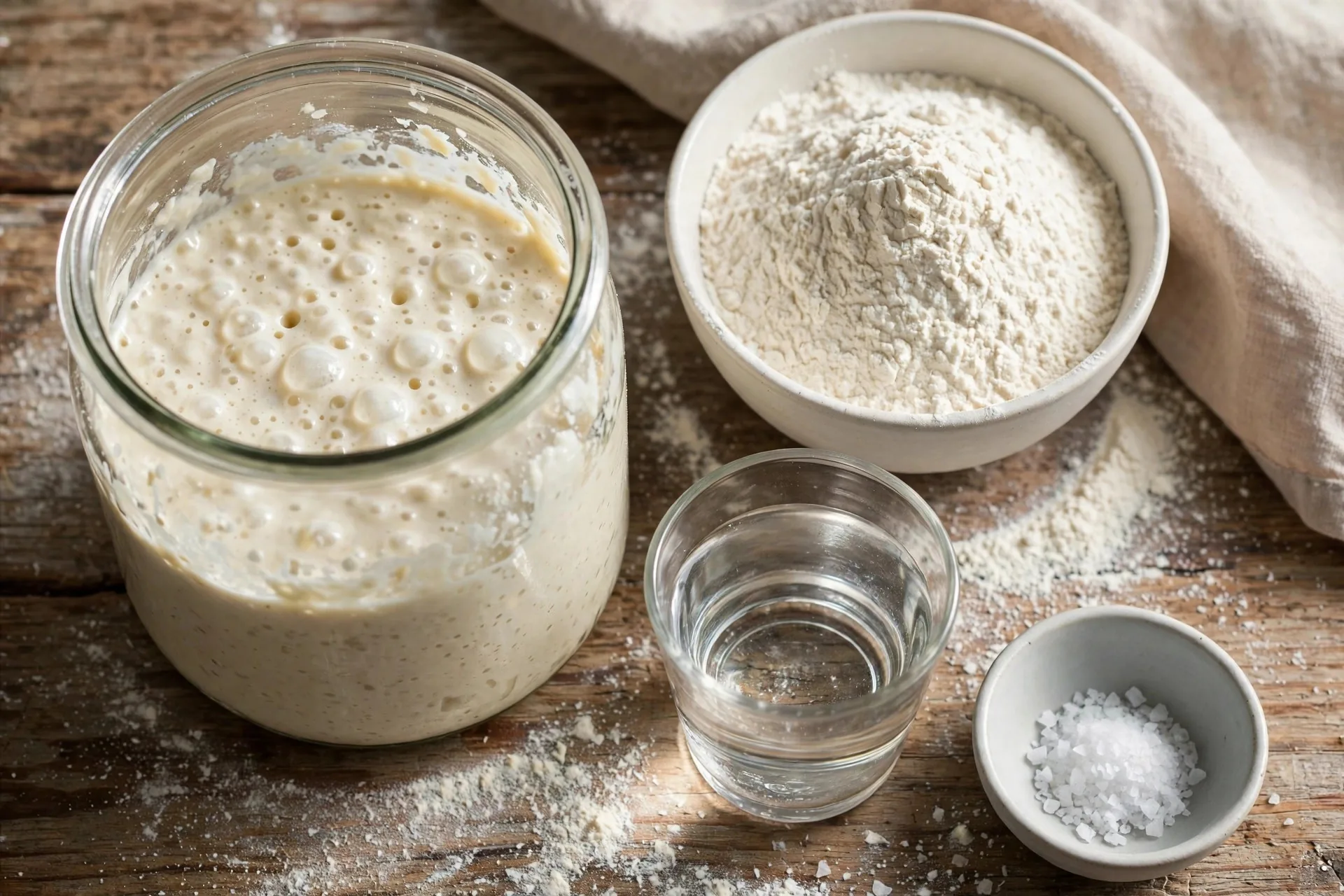 Jar of bubbly sourdough starter, bowl of bread flour, water, and sea salt arranged on a table