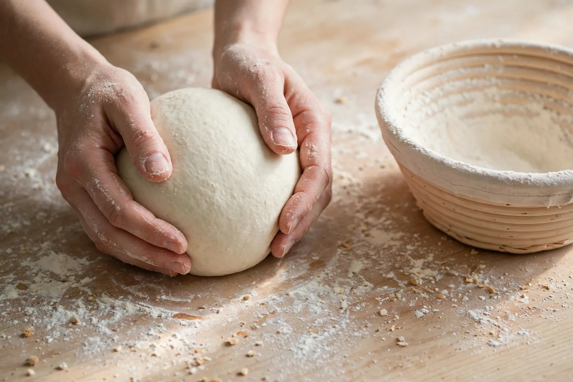 Hands shaping a smooth ball of sourdough dough into a tight boule on a floured counter