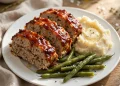 Sliced turkey meatloaf with caramelized ketchup glaze on a serving plate