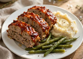 Sliced turkey meatloaf with caramelized ketchup glaze on a serving plate