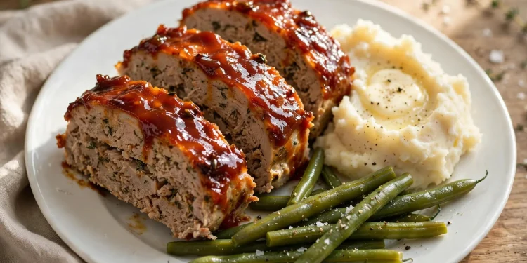Sliced turkey meatloaf with caramelized ketchup glaze on a serving plate