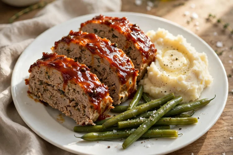 Sliced turkey meatloaf with caramelized ketchup glaze on a serving plate