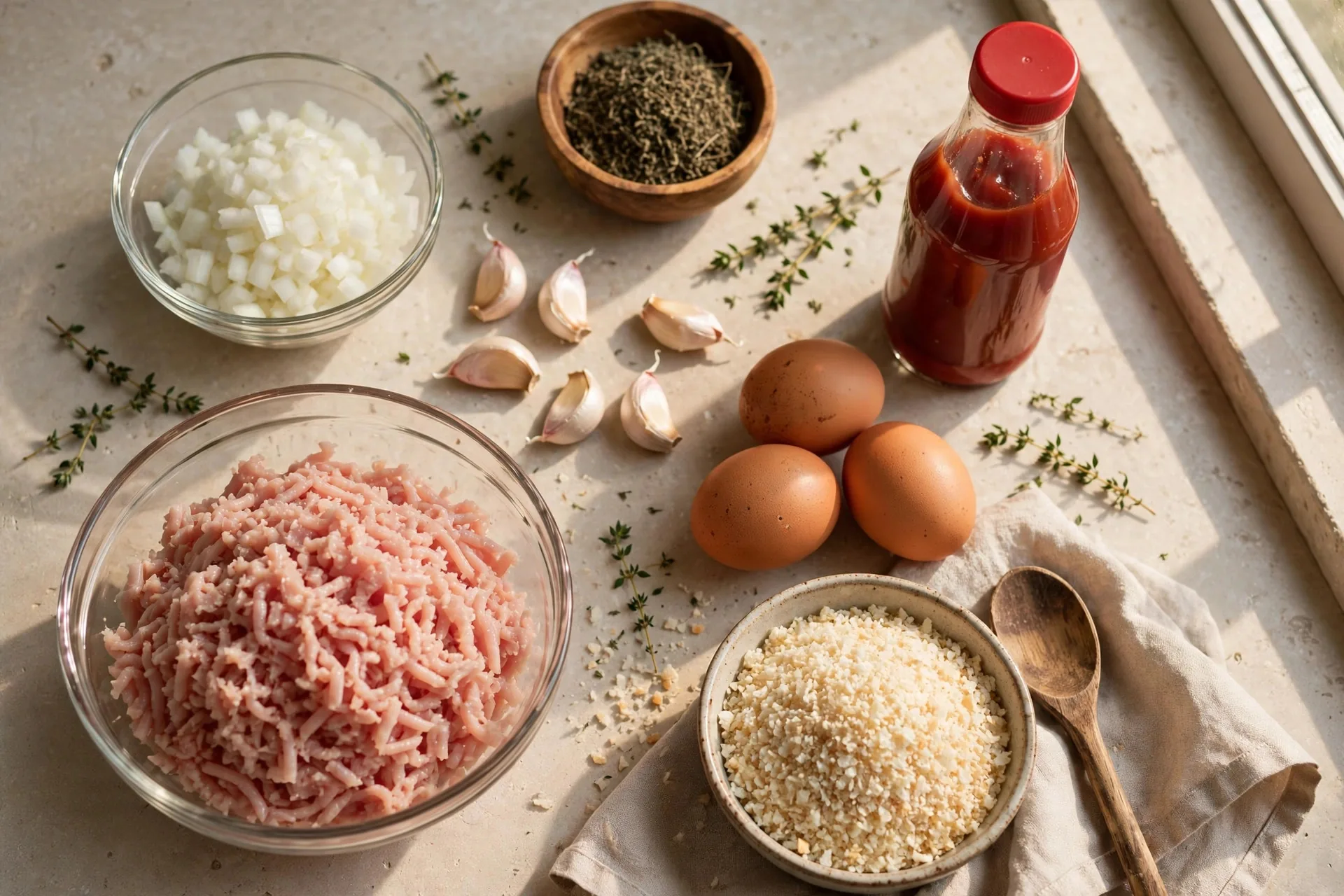 Ingredients for turkey meatloaf: ground turkey, breadcrumbs, eggs, ketchup, onion and herbs