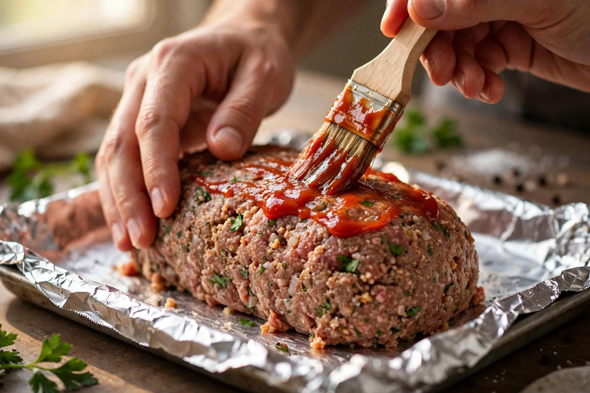 Hands shaping meatloaf mixture and brushing on ketchup glaze