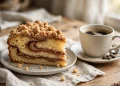 A slice of sour-cream cinnamon streusel coffee cake showing the thick cinnamon swirl and crumbly streusel topping, beside a cup of coffee