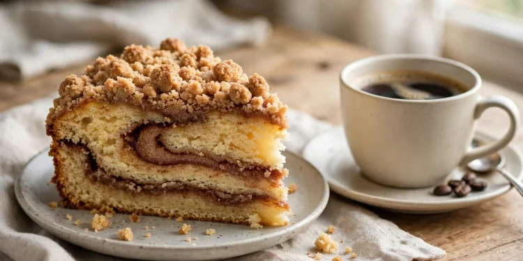 A slice of sour-cream cinnamon streusel coffee cake showing the thick cinnamon swirl and crumbly streusel topping, beside a cup of coffee