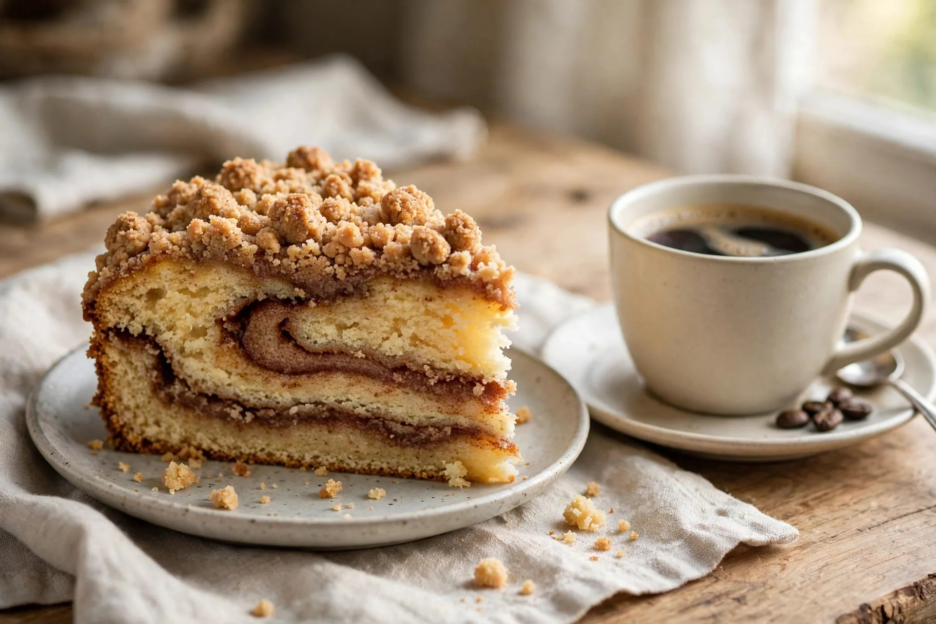 A slice of sour-cream cinnamon streusel coffee cake showing the thick cinnamon swirl and crumbly streusel topping, beside a cup of coffee