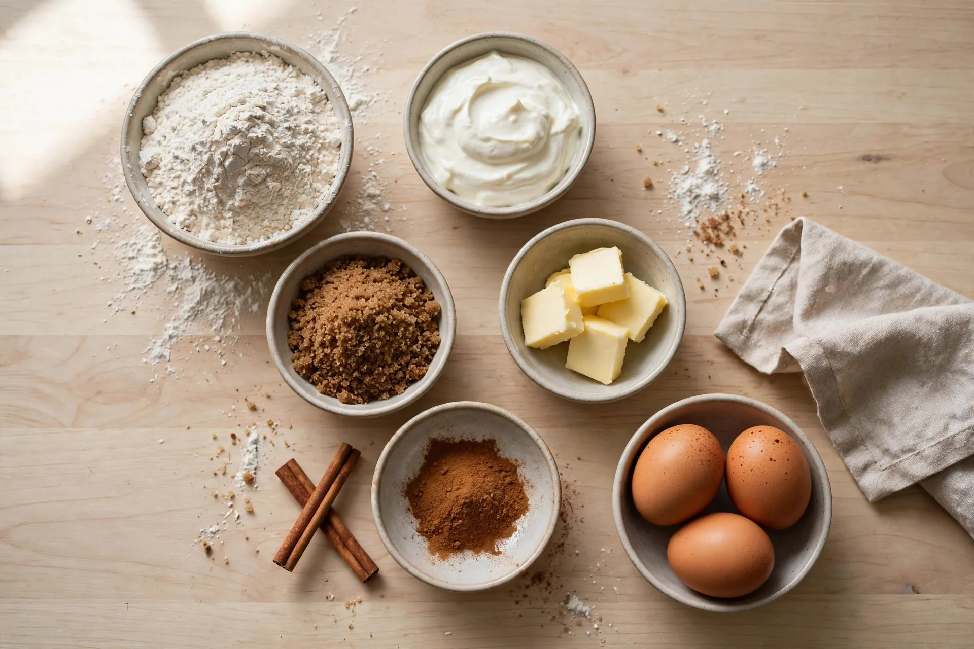 Cinnamon streusel coffee cake ingredients laid out mise en place: flour, sour cream, brown sugar, butter, eggs, and cinnamon