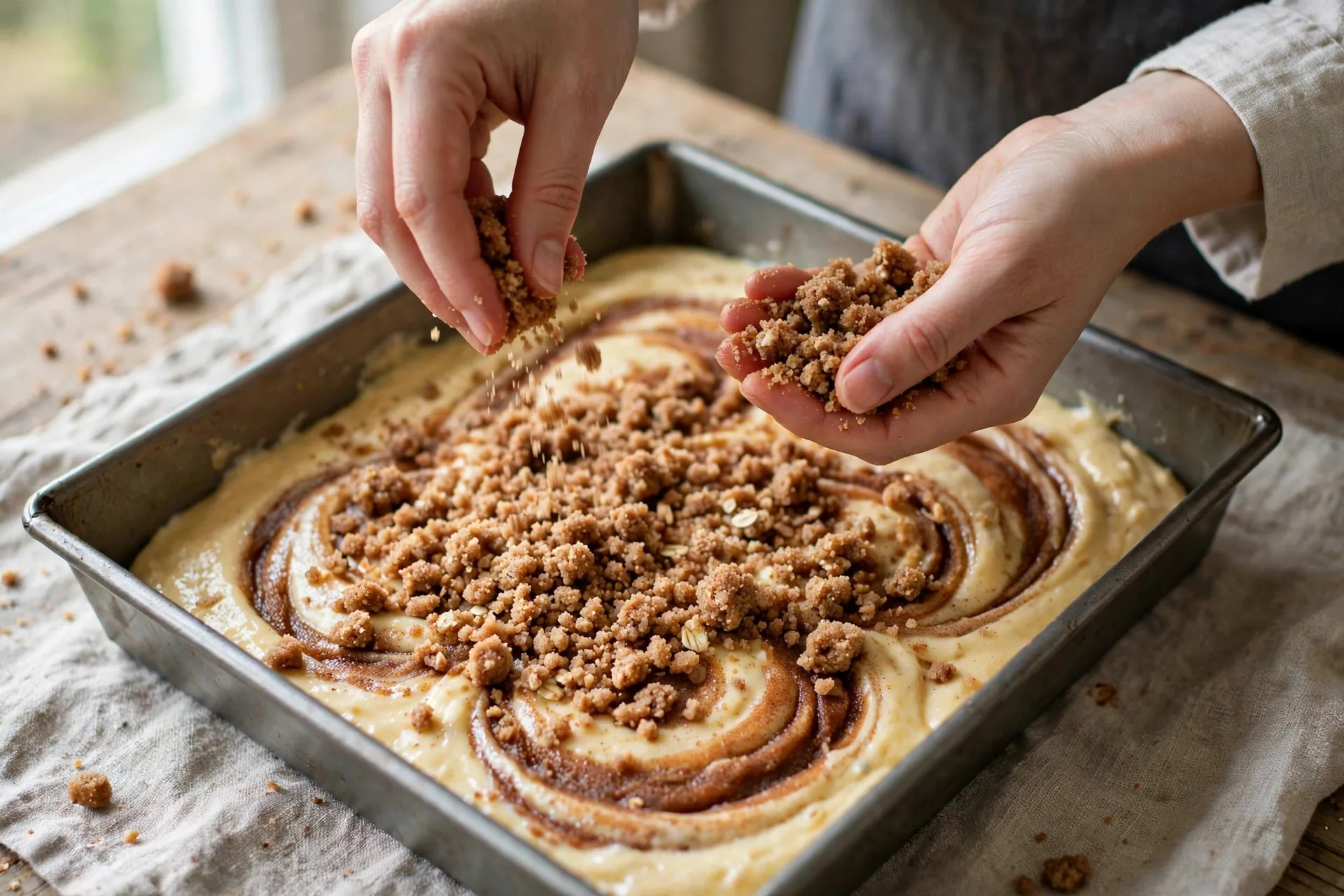 Hands sprinkling crumbly cinnamon streusel topping over coffee cake batter in a baking pan