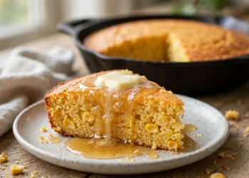Golden slice of skillet cornbread with melting honey butter, cast iron skillet in background
