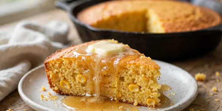 Golden slice of skillet cornbread with melting honey butter, cast iron skillet in background