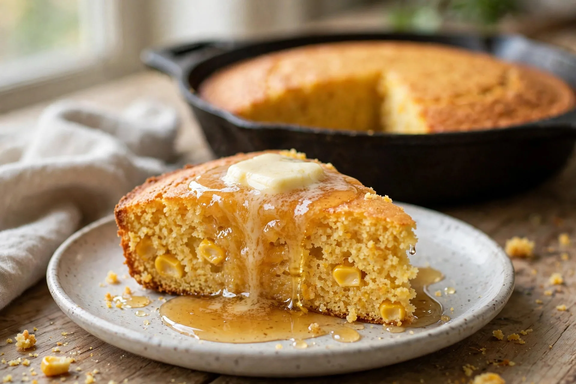 Golden slice of skillet cornbread with melting honey butter, cast iron skillet in background