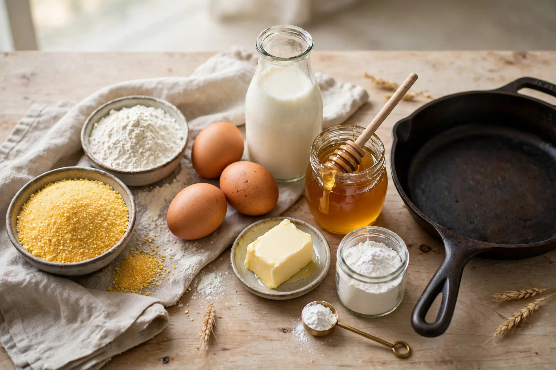 Ingredients for cornbread with honey butter including cornmeal, buttermilk, honey, butter, and a cast iron skillet