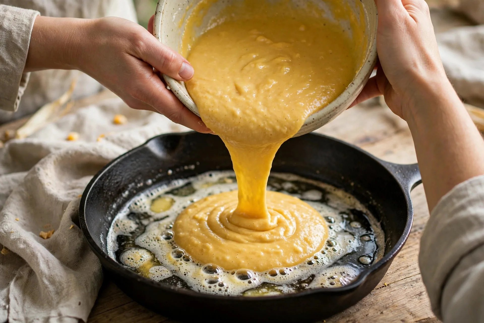 Hands pouring golden cornbread batter into a hot buttered cast iron skillet