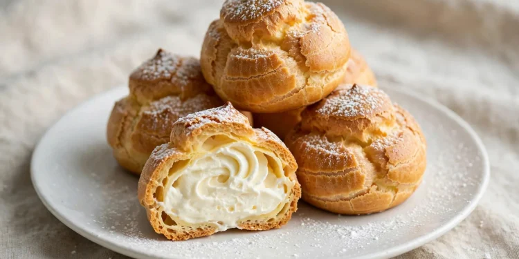 Cream puffs filled with whipped cream, dusted with powdered sugar, stacked on a white plate