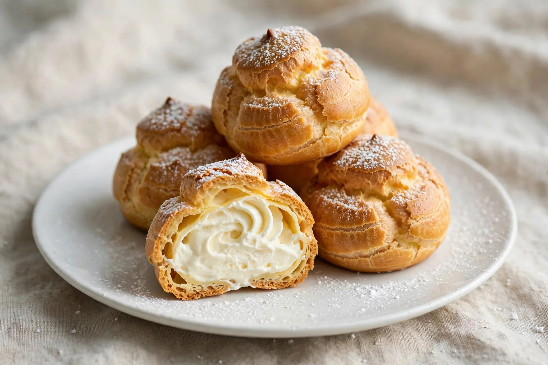 Cream puffs filled with whipped cream, dusted with powdered sugar, stacked on a white plate