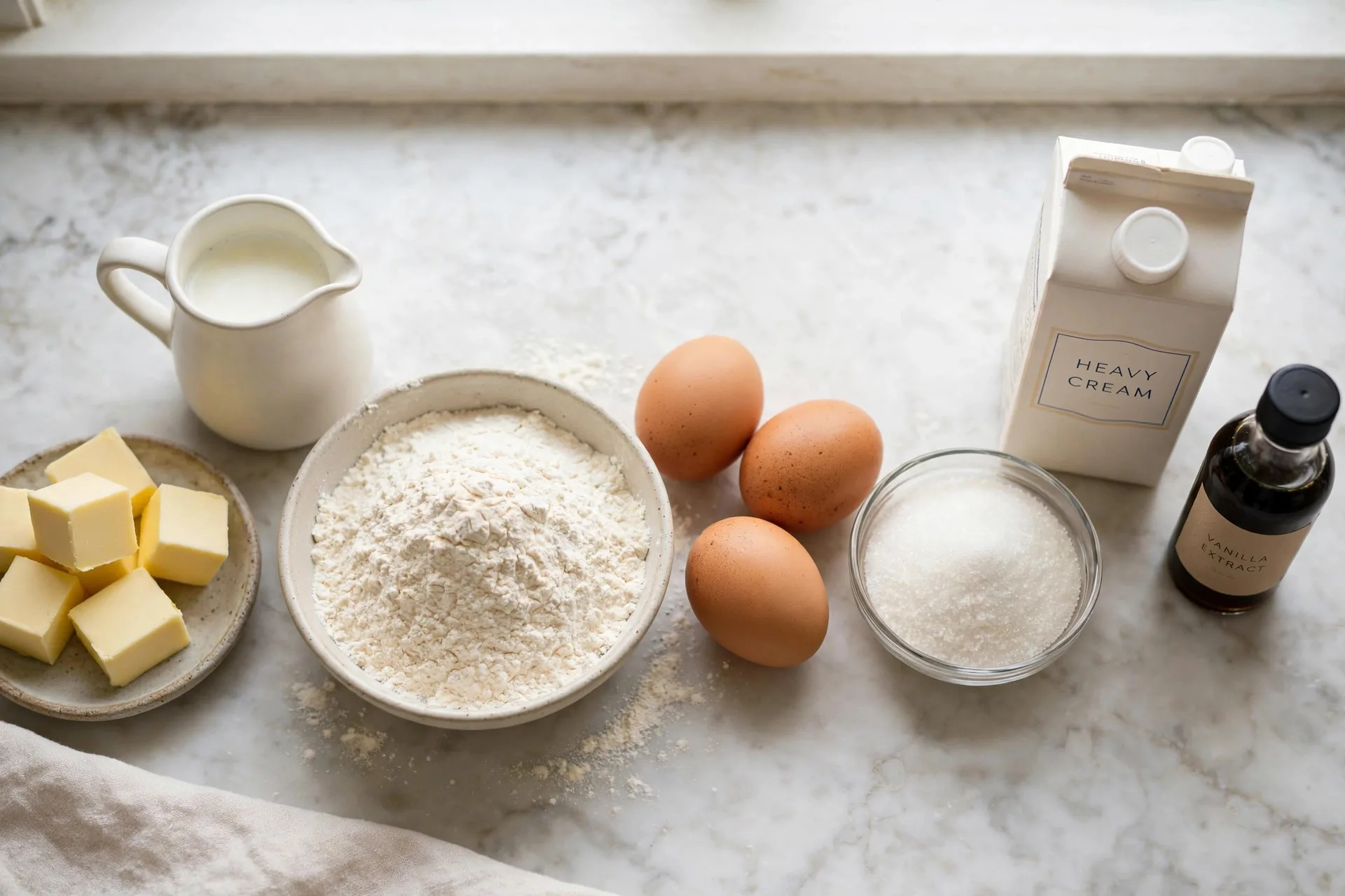 Butter, milk, flour, eggs and sugar measured in bowls for pâte à choux