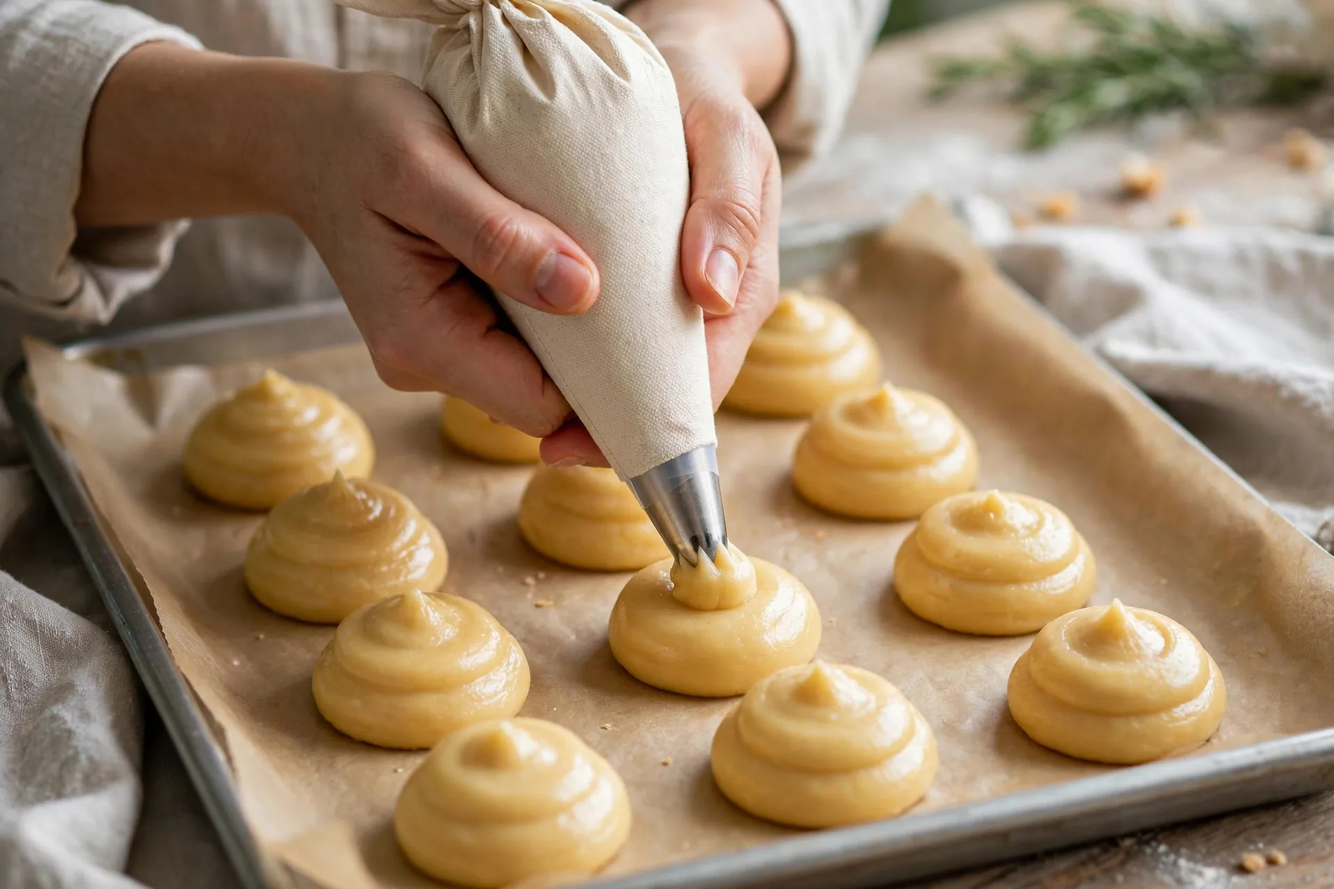 Hands piping choux dough mounds onto a parchment-lined baking sheet