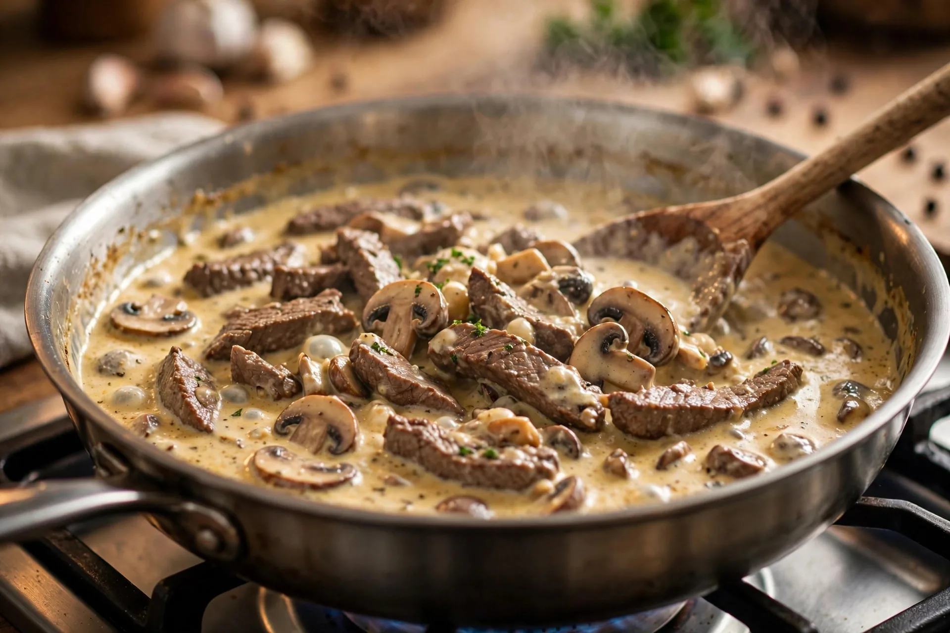 Sliced beef and mushrooms simmering in a creamy stroganoff sauce in a large skillet