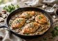 Creamy chicken marsala with golden chicken cutlets, mushrooms, and silky Marsala wine sauce in a skillet