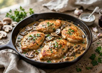 Creamy chicken marsala with golden chicken cutlets, mushrooms, and silky Marsala wine sauce in a skillet